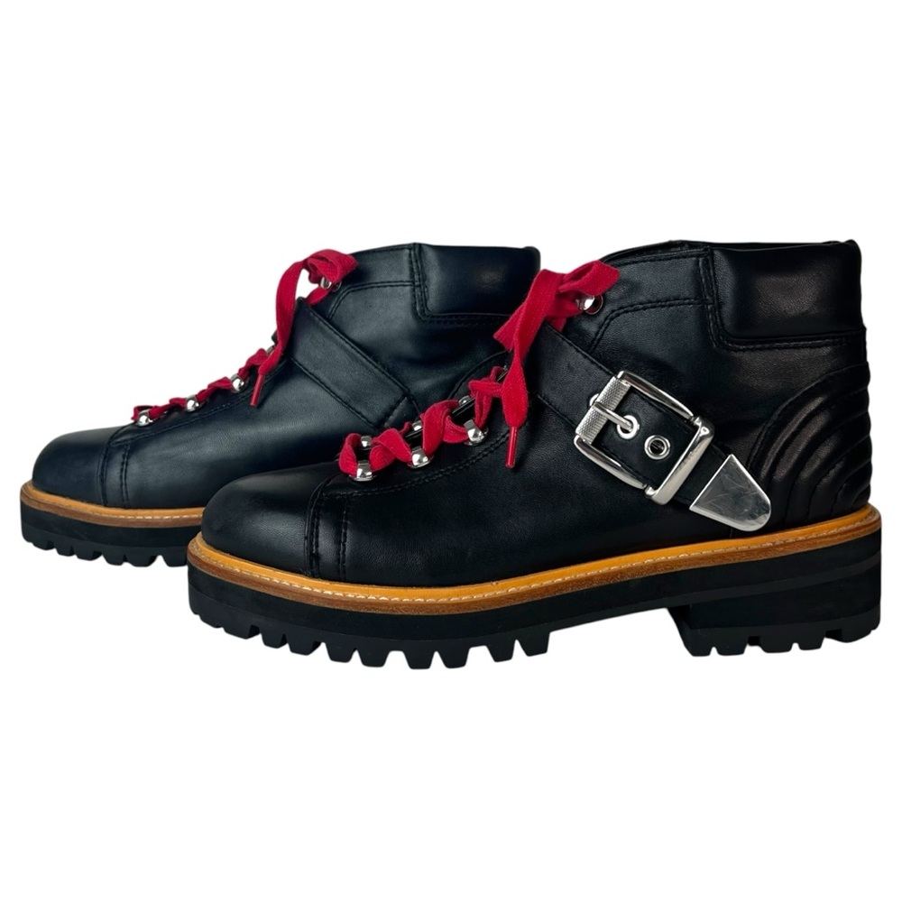 Marc Fisher Black Leather Lug Sole Combat Buckle Ankle Boots Red Laces Size 8